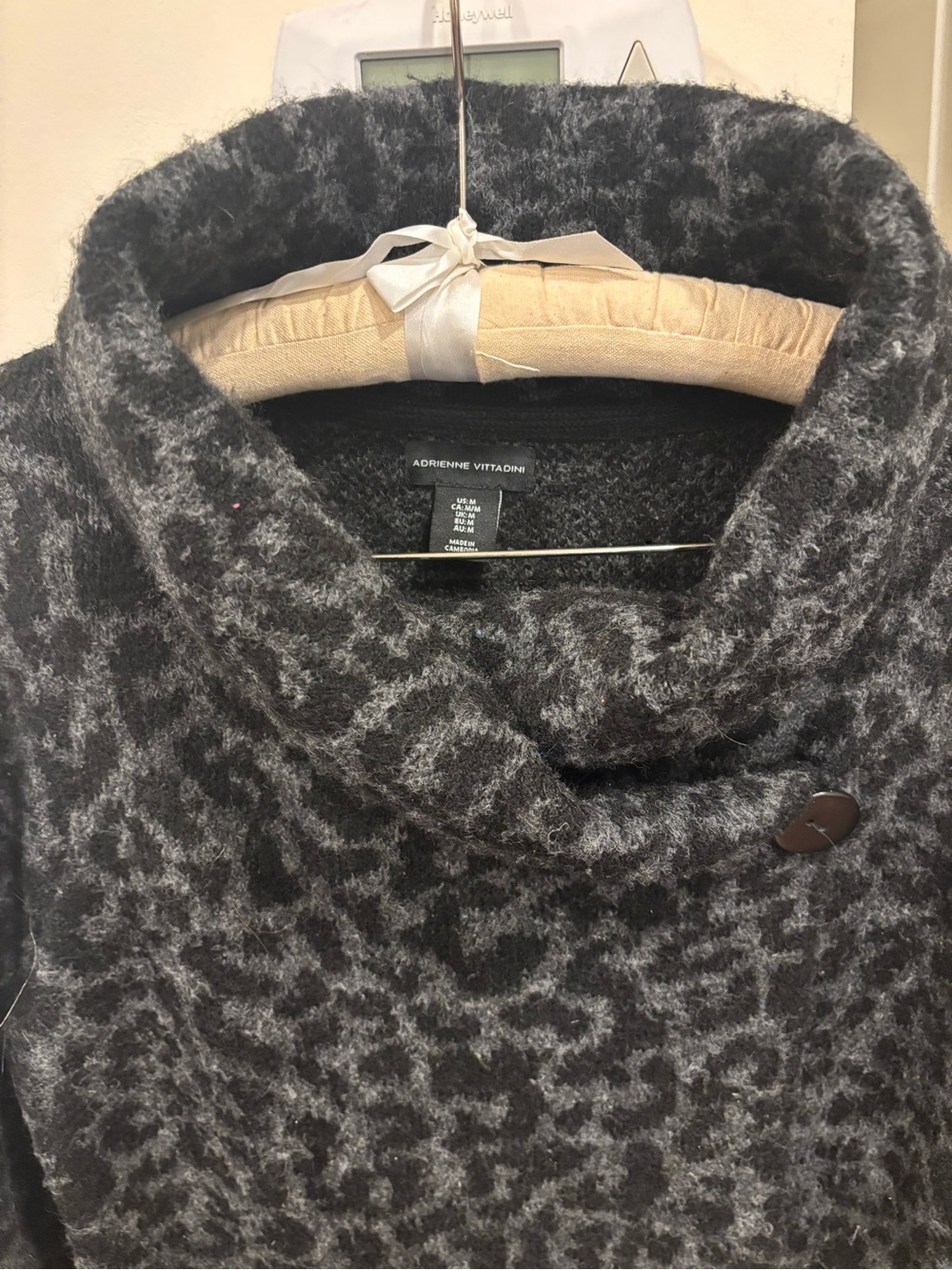 Adrienne Vittadini Charcoal and Light Gray Leopard Funnel Neck Sweater